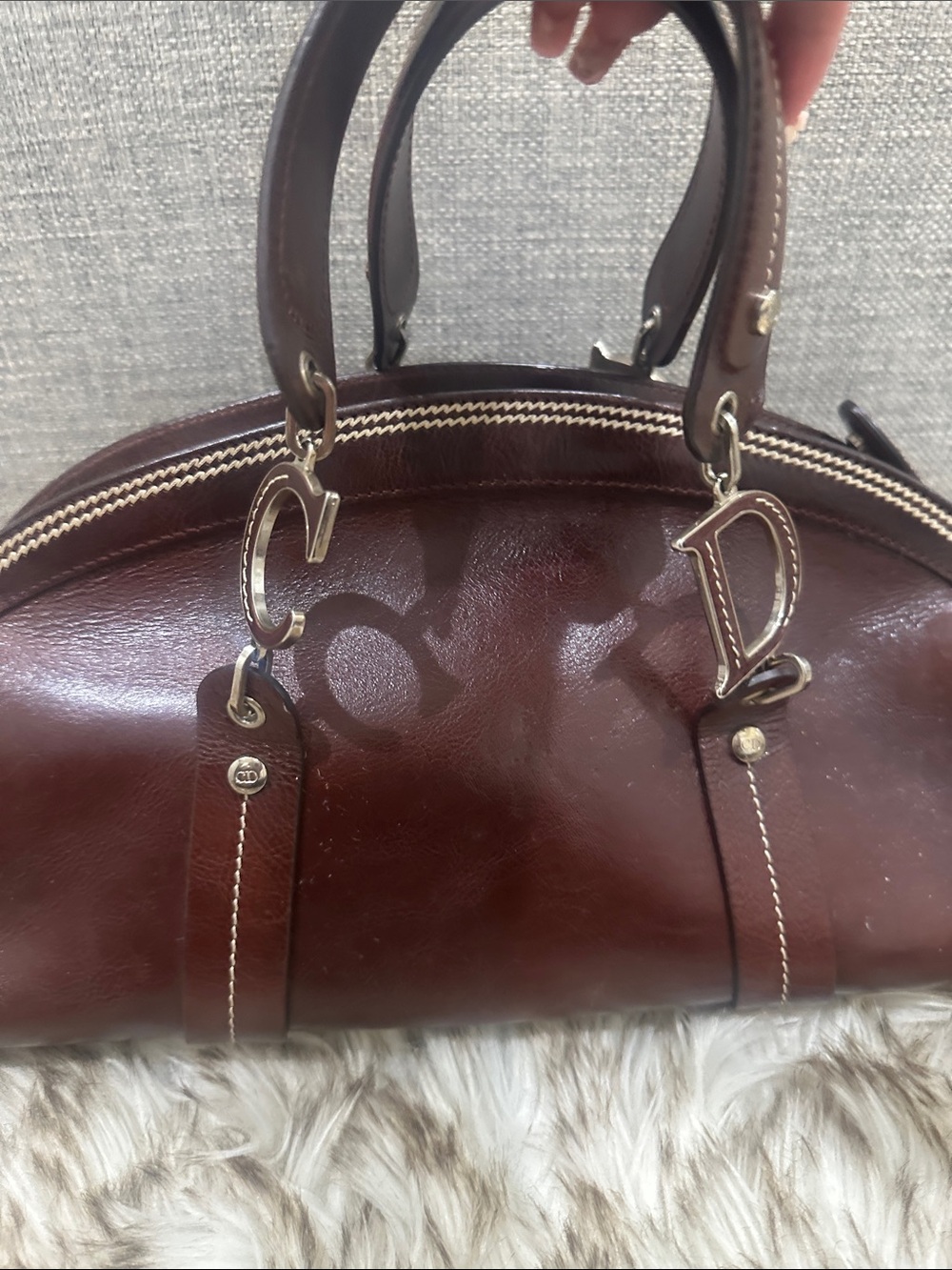 DIOR Burgundy -Dark Brown leather CD Bag with Pink & Green Floral Embroidery - Picture 13 of 14
